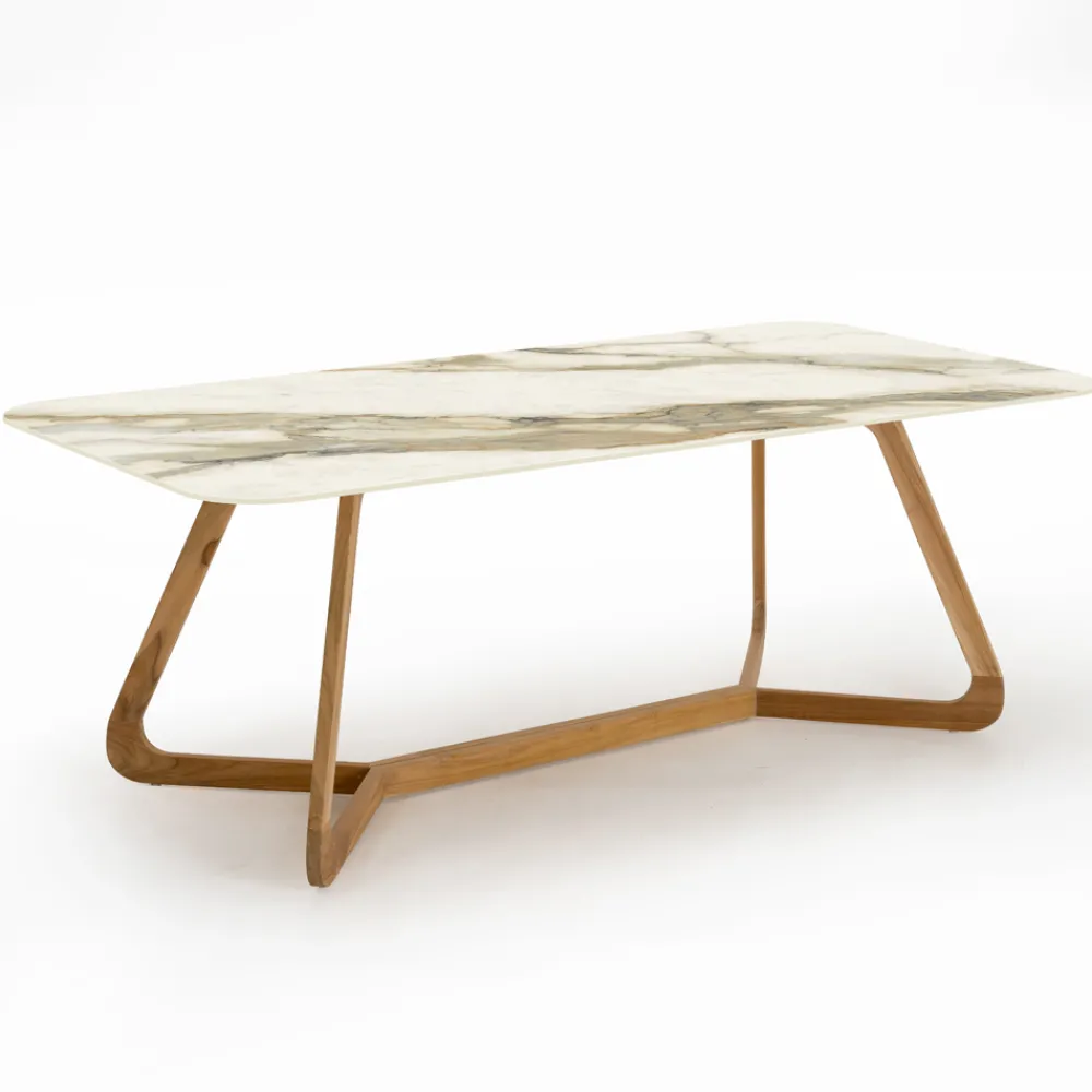 Viadurini in the Garden Gartentische Fest|Gartentische Aus Teakholz-Tisch mit Holzsockel und Keramikplatte Calacatta Hermitage - Infinity