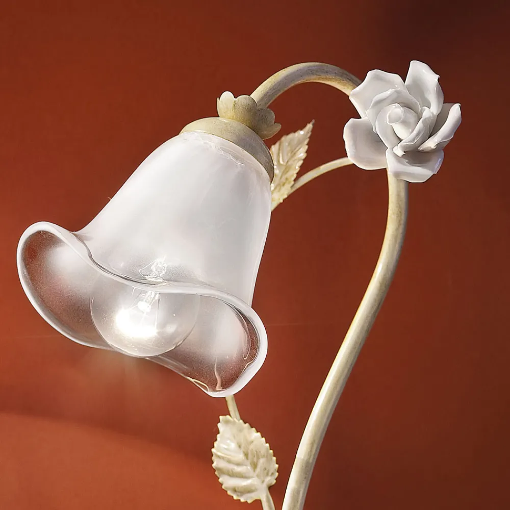 Ferroluce Vintage Tischlampen-Tischlampe aus Eisen und Glas mit Rose aus Keramik - Siena