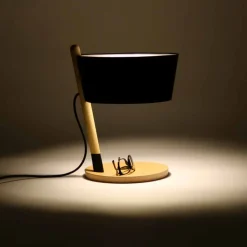 Viadurini Lighting Moderne Tischlampen-Tischleuchte aus Buche mit Details aus Metall und veganem Leder - Avetta