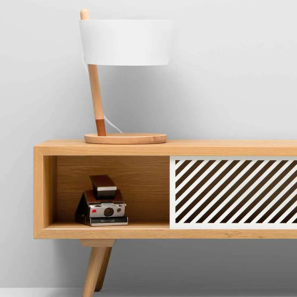 Viadurini Lighting Moderne Tischlampen-Tischleuchte aus Buche mit Details aus Metall und veganem Leder - Avetta