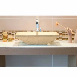 Viadurini Bathroom Steinwaschbecken-Trapezförmiges Aufsatzwaschbecken aus beigefarbigen Basalt Wok Modell
