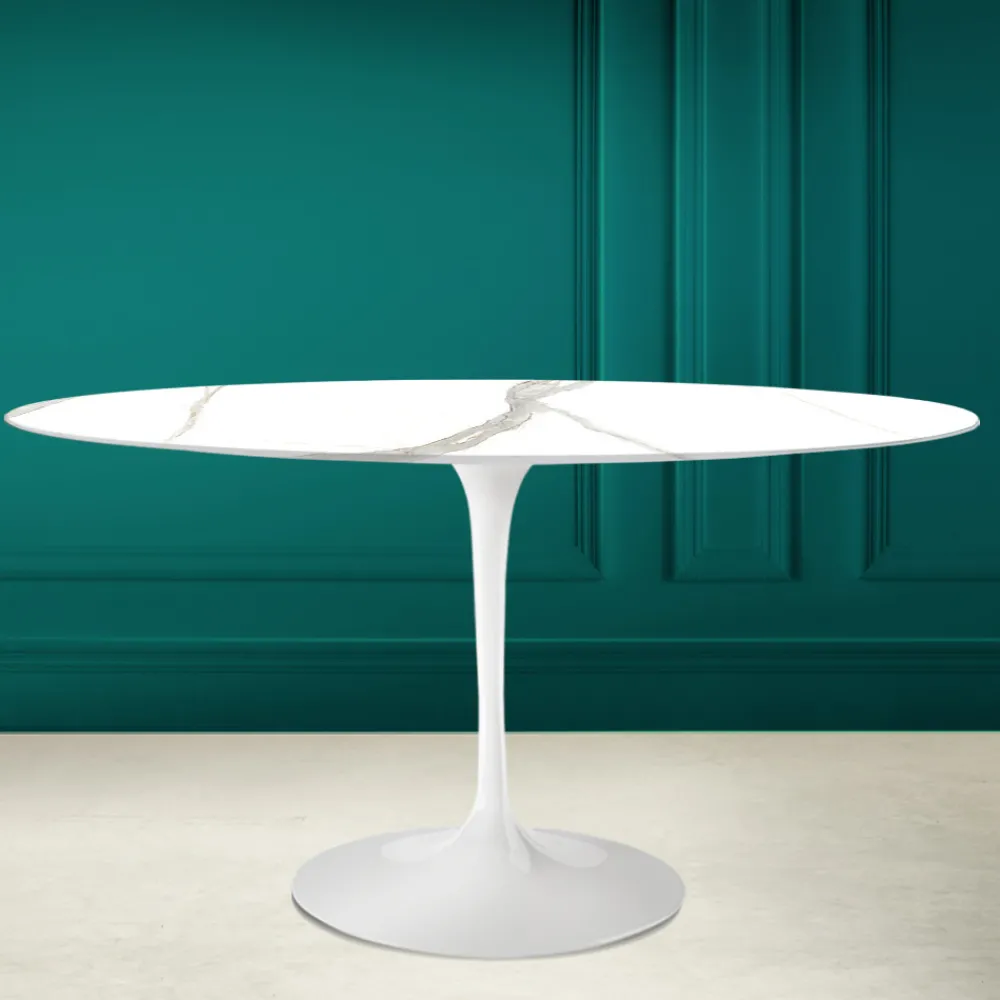 Viadurini Living Tulip Tische|Esstisch Oval-Tulpentisch Eero Saarinen H 74 Oval aus Keramik Calacatta Michelangelo - Scharlachrot