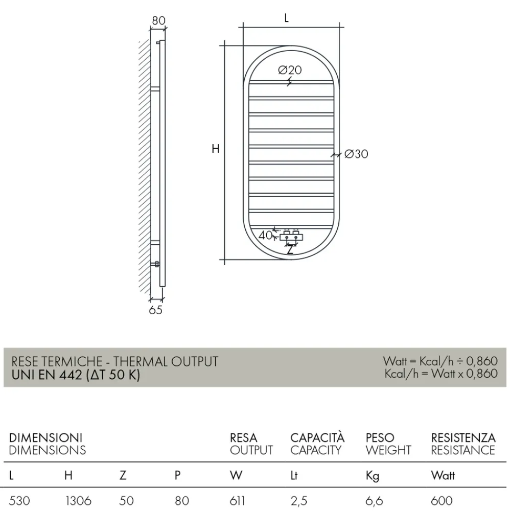 Scirocco H Handtuchheizkörper Wasser-„Tutto Tondo Slim“ Design-Handtuchwärmer aus Stahl Made in Italy - Glatt