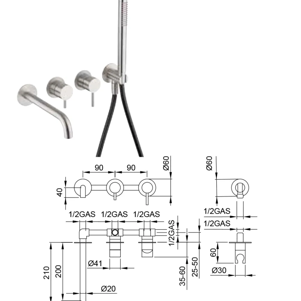 Viadurini Taps Badewannearmaturen-Unterputz-Wannenmischer aus Edelstahl AISI 316L - Krallen