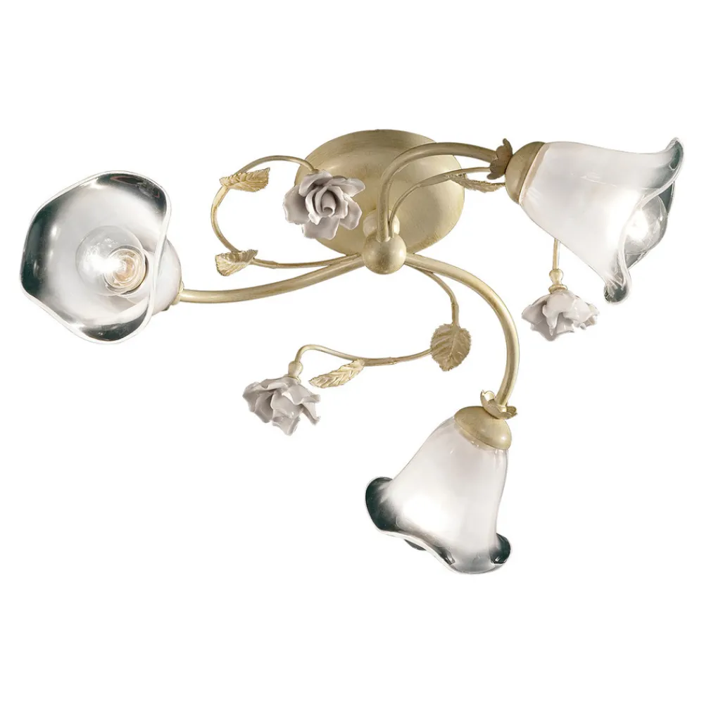 Ferroluce Vintage Deckenleuchten-Vintage Deckenlampe 3 oder 4 Lichter aus Eisen, Glas und Keramikrosen - Siena
