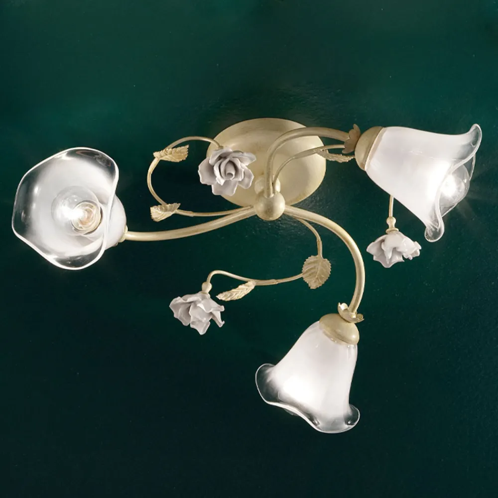 Ferroluce Vintage Deckenleuchten-Vintage Deckenlampe 3 oder 4 Lichter aus Eisen, Glas und Keramikrosen - Siena