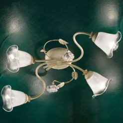 Ferroluce Vintage Deckenleuchten-Vintage Deckenlampe 3 oder 4 Lichter aus Eisen, Glas und Keramikrosen - Siena