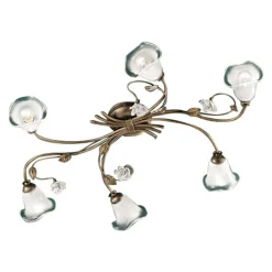 Ferroluce Vintage Deckenleuchten-Vintage 6-flammige Deckenlampe aus Eisen, Glas und Keramikrosen - Siena