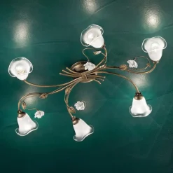 Ferroluce Vintage Deckenleuchten-Vintage 6-flammige Deckenlampe aus Eisen, Glas und Keramikrosen - Siena