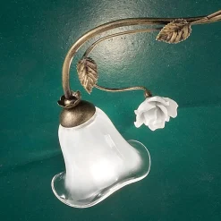 Ferroluce Vintage Deckenleuchten-Vintage 6-flammige Deckenlampe aus Eisen, Glas und Keramikrosen - Siena