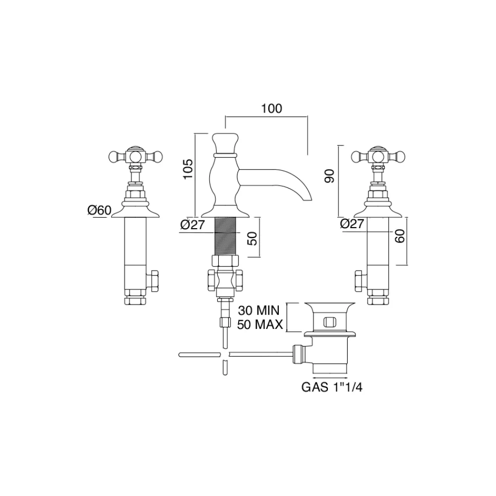 Viadurini Bathroom Waschbeckenarmaturen-Vintage 3-Loch Waschtischarmatur aus Vintage Messing Made in Italy - Elisea
