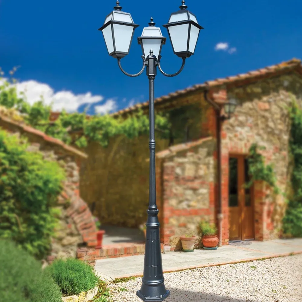 Viadurini Lighting Gartenlampion-Vintage-Laternenpfahl mit 3 Lichtern aus Aluminium und Glas, hergestellt in Italien – Vivian