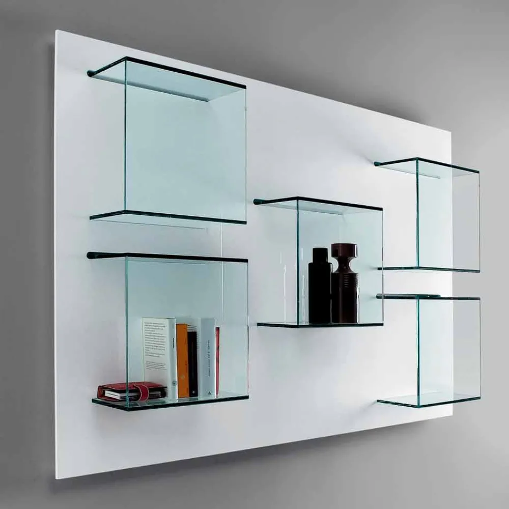 Viadurini Decor Moderne Design Bücherregale-Wandbücherregal mit weißer Holzplatte und Glasböden - Basil