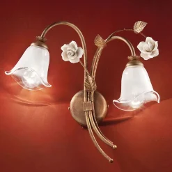 Ferroluce Vintage Wandleuchten-Wandleuchte 2 Leuchten aus Eisen und Glas mit Rose aus Keramik - Siena