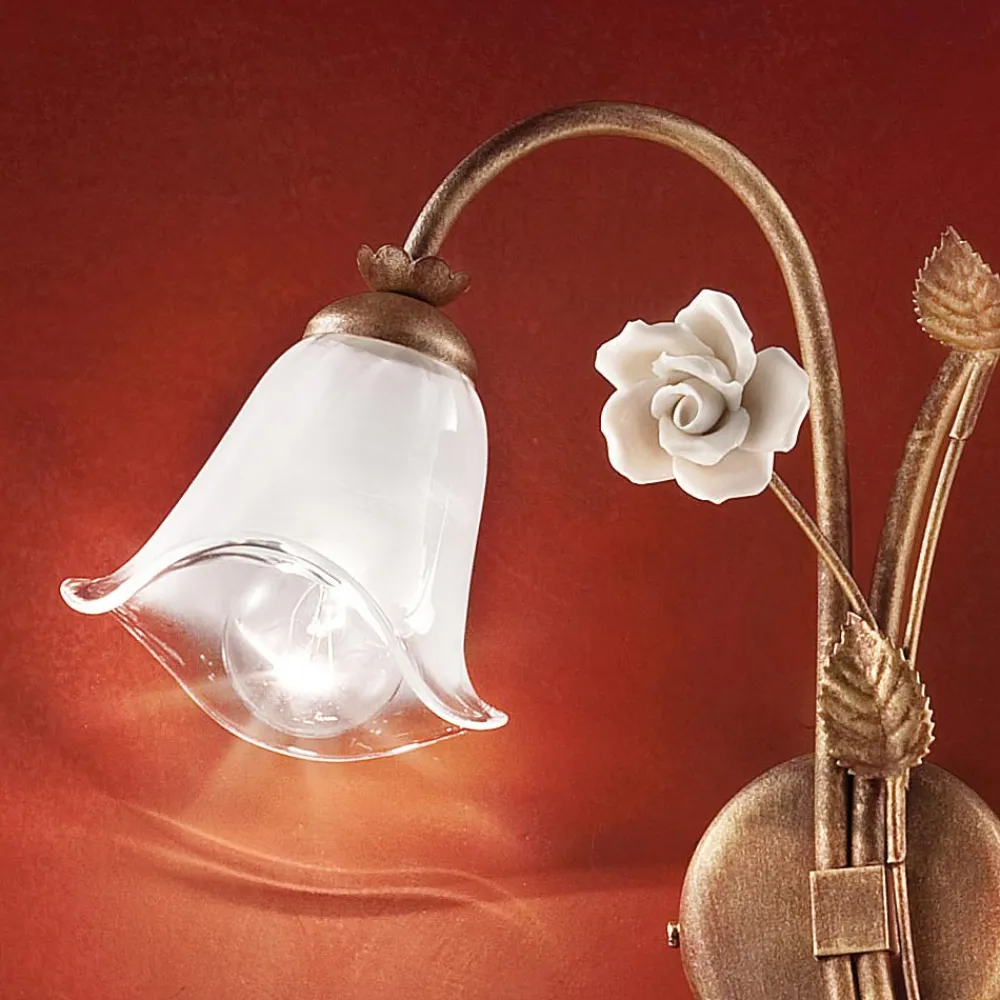 Ferroluce Vintage Wandleuchten-Wandleuchte 2 Leuchten aus Eisen und Glas mit Rose aus Keramik - Siena