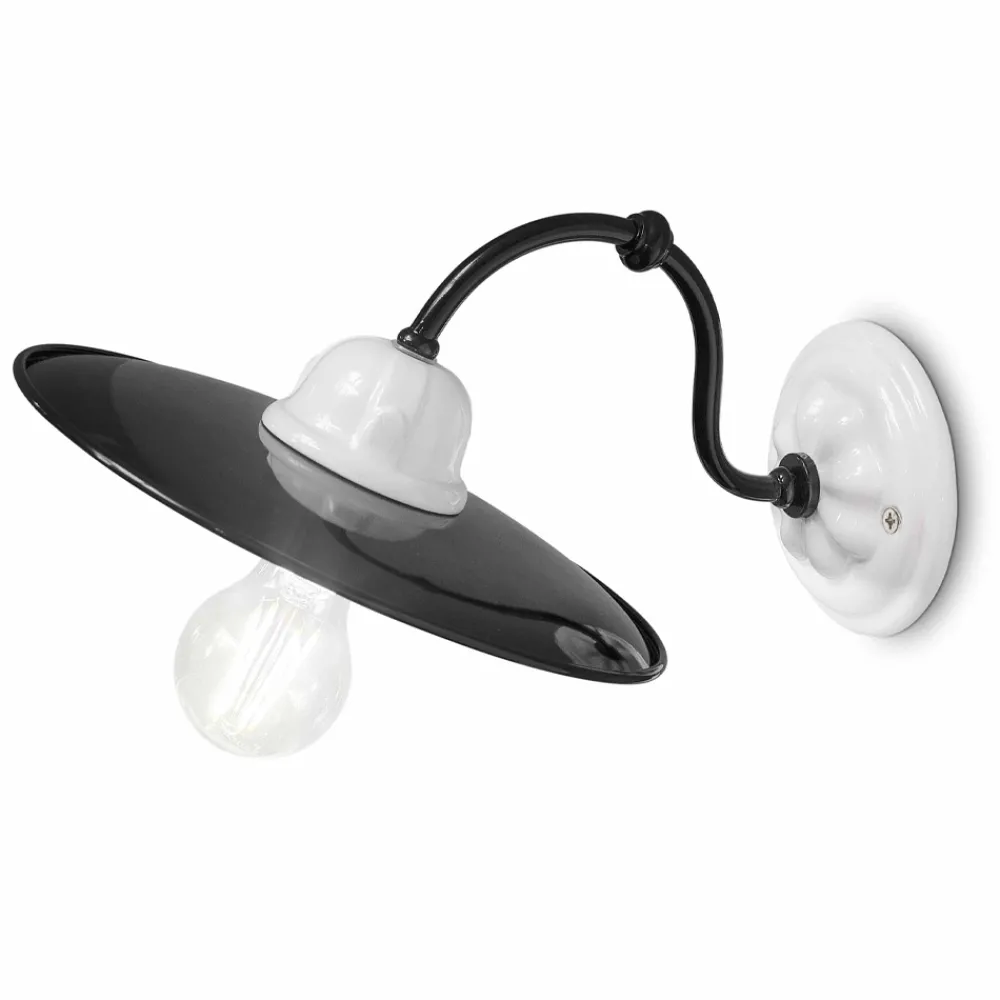 Ferroluce Vintage Wandleuchten-Wandleuchte aus weißer Keramik und schwarzem Metall im Vintage-Stil - Power