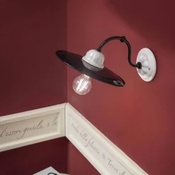 Ferroluce Vintage Wandleuchten-Wandleuchte aus weißer Keramik und schwarzem Metall im Vintage-Stil - Power