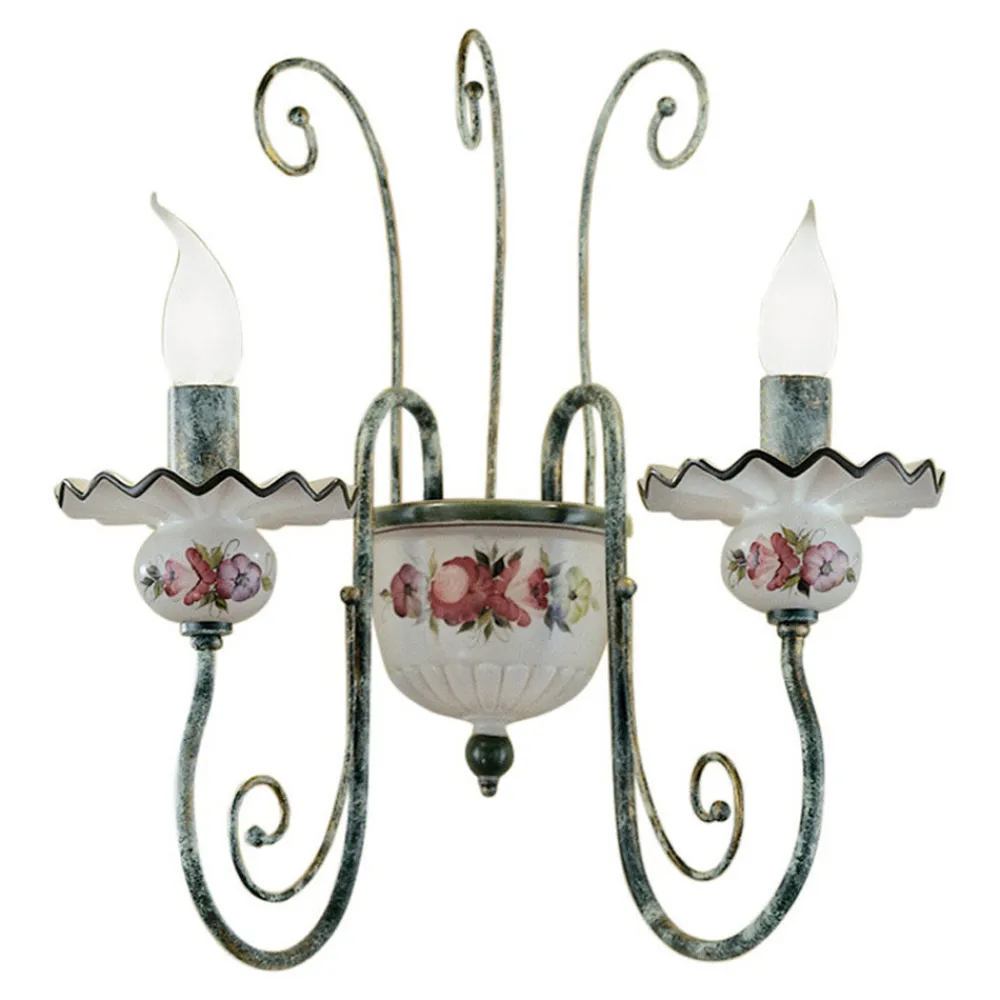 Ferroluce Vintage Wandleuchten-Wandleuchte mit 2 Lichtern aus handverzierter Keramik und antikem Messing - Sanremo