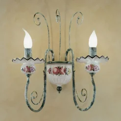 Ferroluce Vintage Wandleuchten-Wandleuchte mit 2 Lichtern aus handverzierter Keramik und antikem Messing - Sanremo