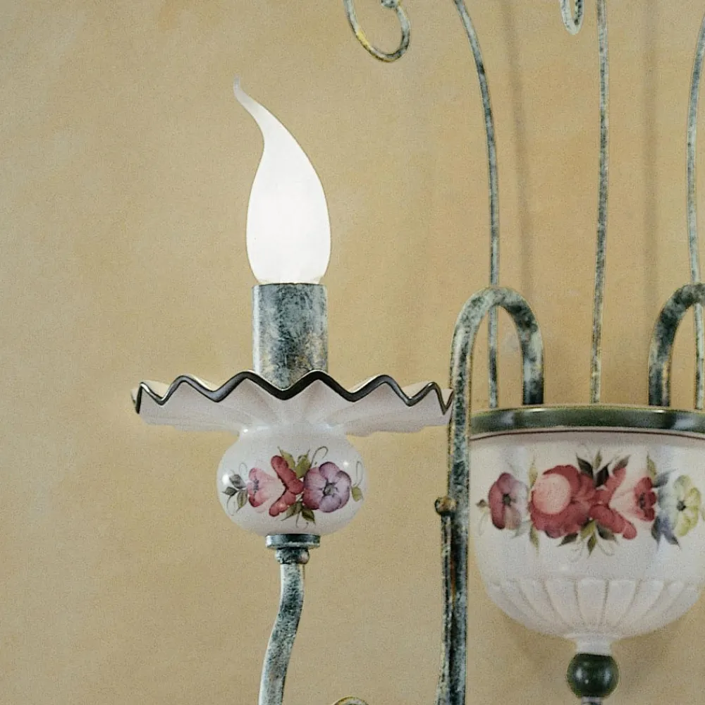 Ferroluce Vintage Wandleuchten-Wandleuchte mit 2 Lichtern aus handverzierter Keramik und antikem Messing - Sanremo