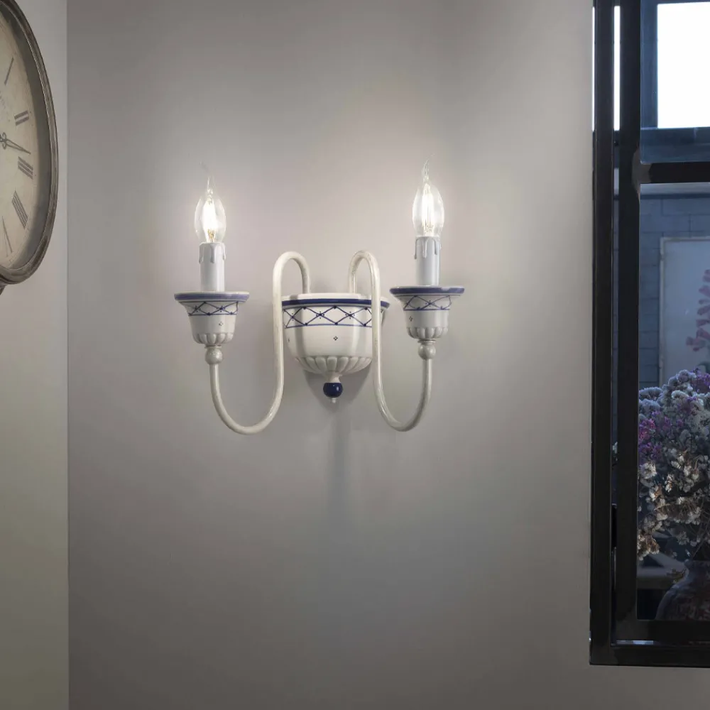 Ferroluce Vintage Wandleuchten-Wandleuchte mit 2 Lichtern aus Keramik und handbemaltem Messing - Sanremo