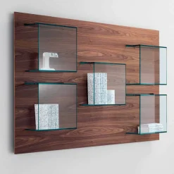 Viadurini Decor Moderne Design Bücherregale-Wandpaneel aus Canaletto-Walnussholz und Glasregalen 2 Größen - Basil