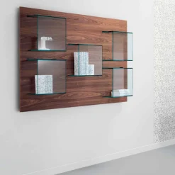 Viadurini Decor Moderne Design Bücherregale-Wandpaneel aus Canaletto-Walnussholz und Glasregalen 2 Größen - Basil