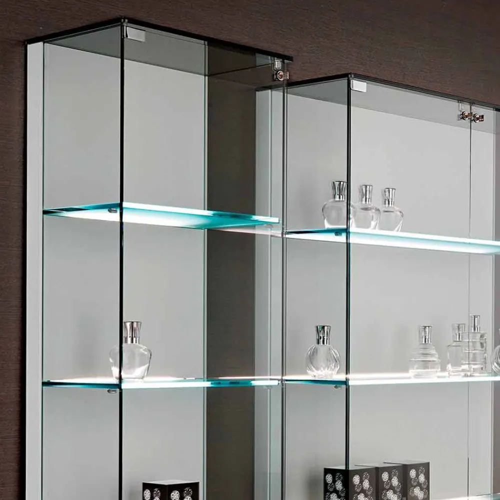 Viadurini Living Anrichte-Wandvitrine aus Glas und weißem Holz, Rädern und beleuchteten Regalen - Armilla