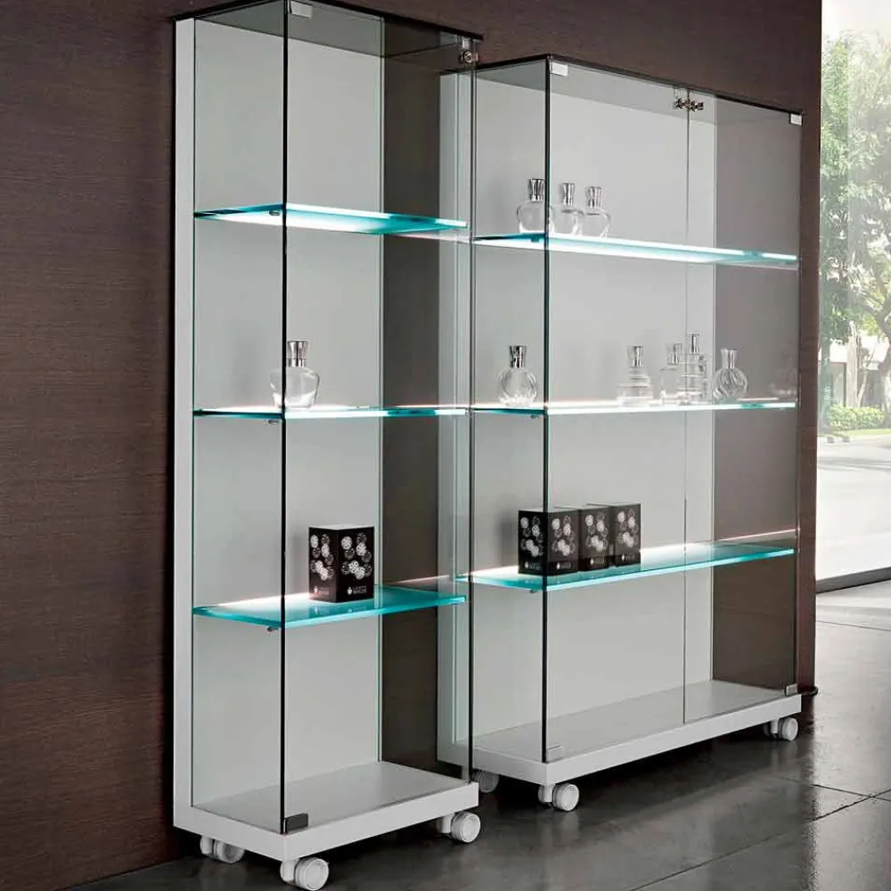 Viadurini Living Anrichte-Wandvitrine aus Glas und weißem Holz, Rädern und beleuchteten Regalen - Armilla