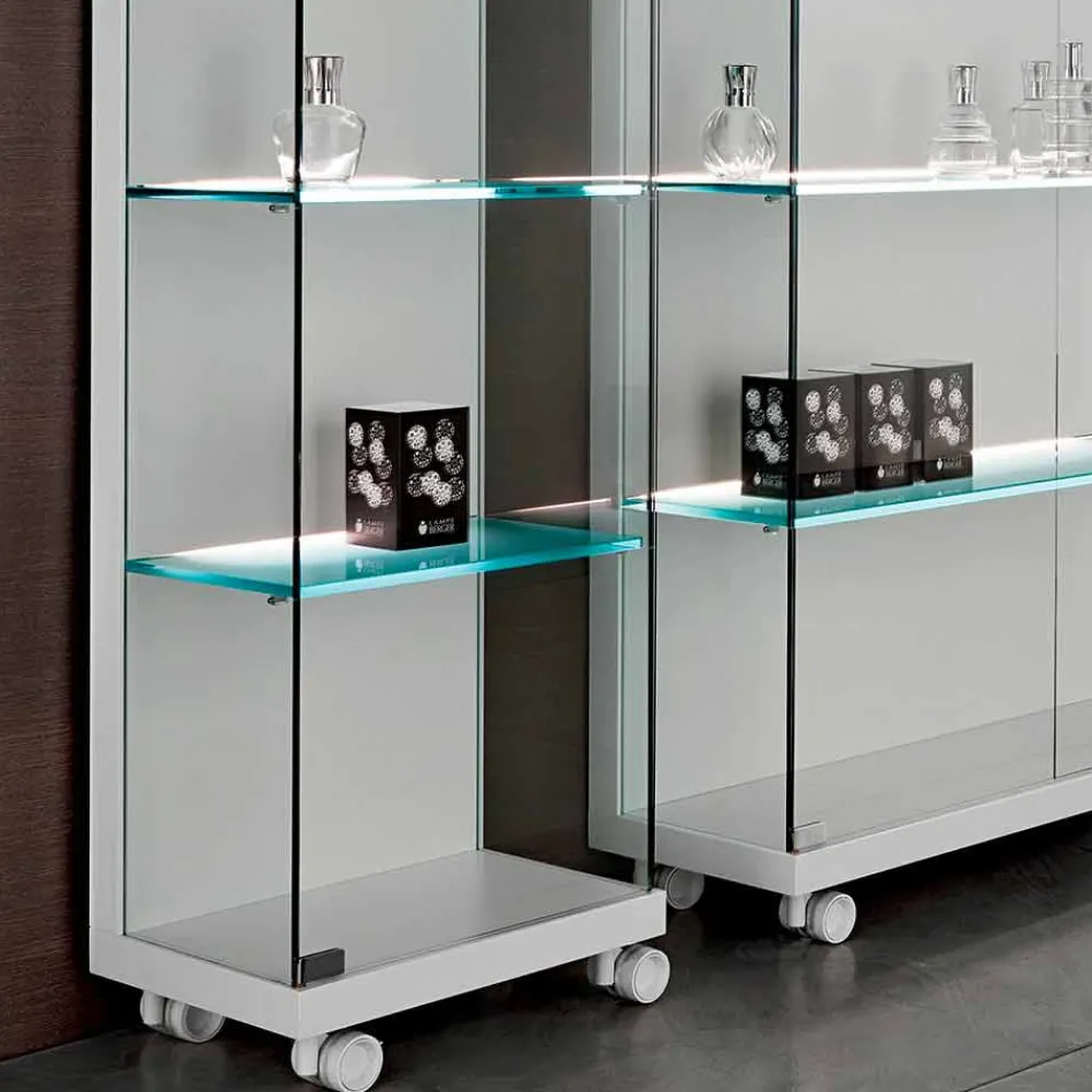 Viadurini Living Anrichte-Wandvitrine aus Glas und weißem Holz, Rädern und beleuchteten Regalen - Armilla