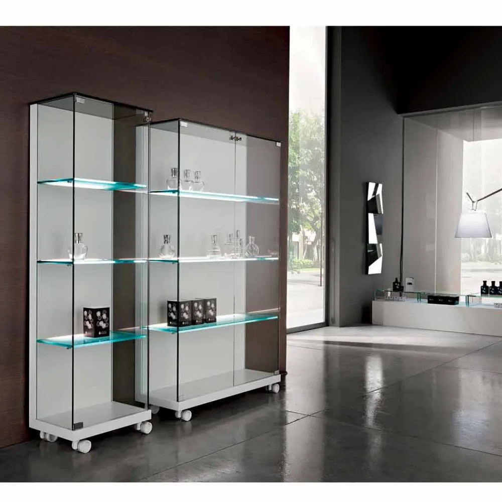 Viadurini Living Anrichte-Wandvitrine aus Glas und weißem Holz, Rädern und beleuchteten Regalen - Armilla