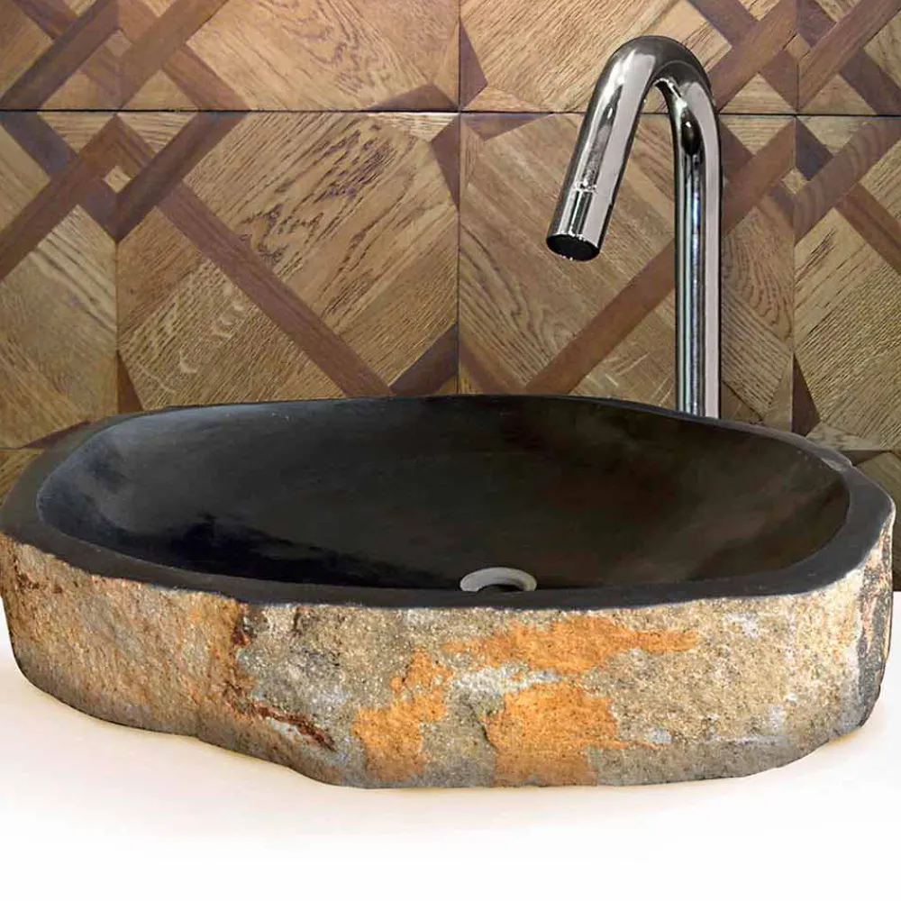 Viadurini Bathroom Steinwaschbecken-Waschbecken Aufsatzwaschbecken Unikat aus Basalt Hassan Design