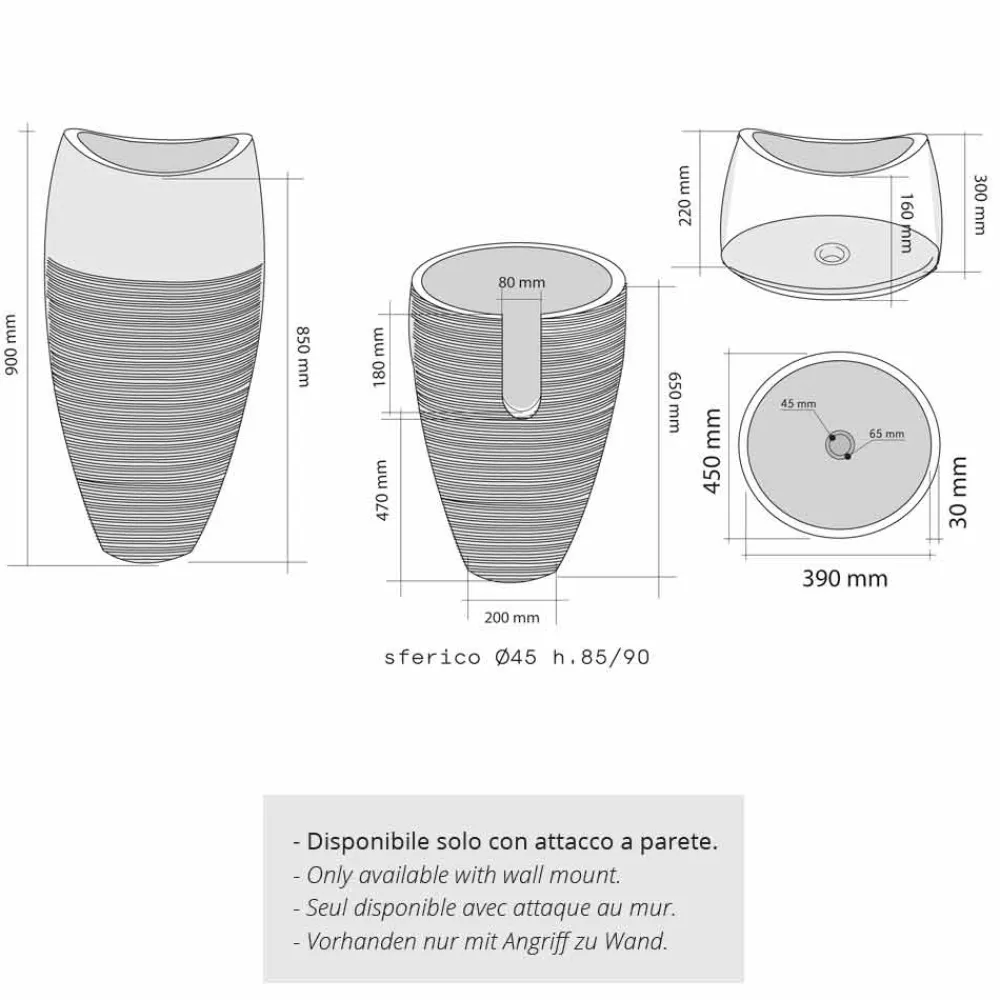 Viadurini Bathroom Steinwaschbecken-Waschbecken Stanwaschebcken Sockel aus schwarz grauen Naturstein Gili Design