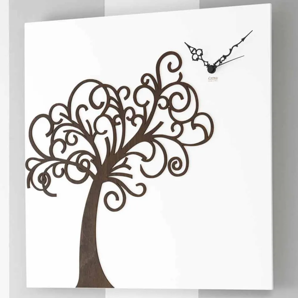 Viadurini Time Design Wanduhren-Weiße quadratische hölzerne Design-Wanduhr mit Baum - Alberoeden
