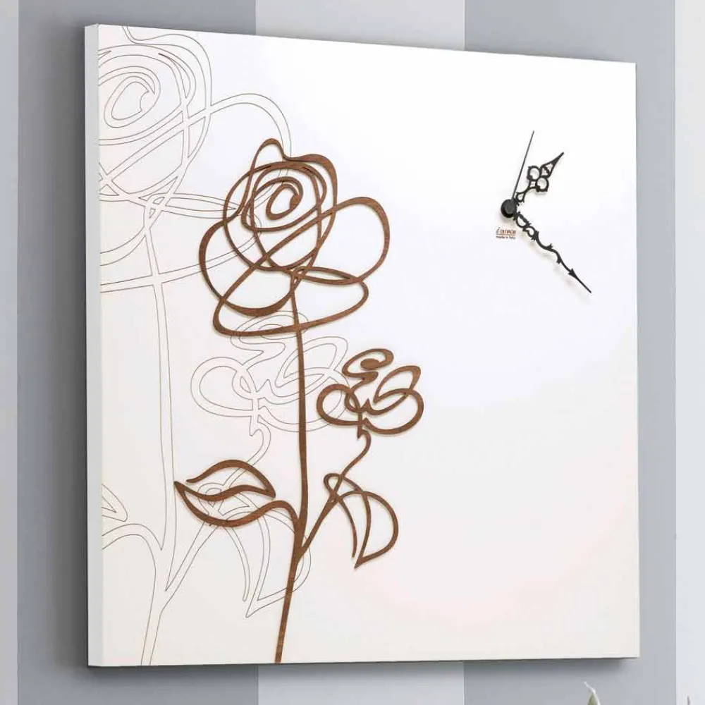 Viadurini Time Design Wanduhren-Weiße quadratische hölzerne Wanduhr mit moderner Rosendekoration - Schneeglöckchen