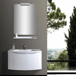 Viadurini Bathroom Badmöbel Hängend-Weißer moderner hängender Badezimmerschrank mit Waschbecken, Regal, LED-Spiegel - Michele