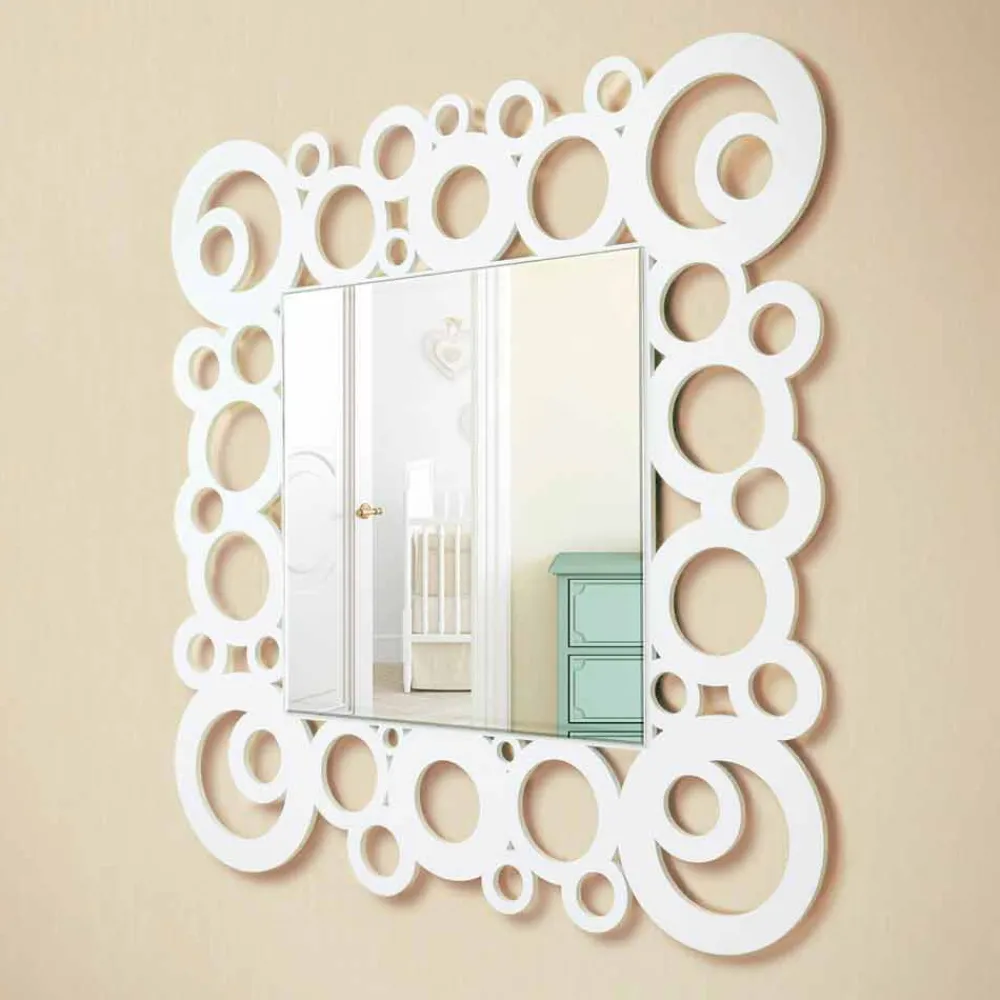 Viadurini Decor Wandspiegel-Weißer quadratischer Wandspiegel des modernen Designs mit Holzdekorationen - Blase