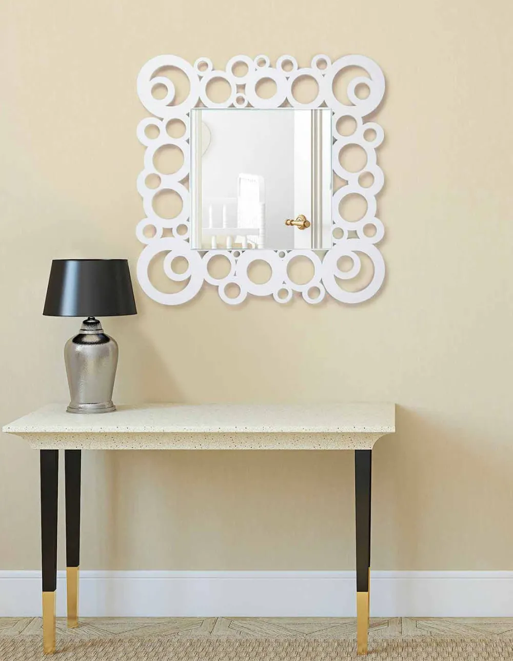 Viadurini Decor Wandspiegel-Weißer quadratischer Wandspiegel des modernen Designs mit Holzdekorationen - Blase