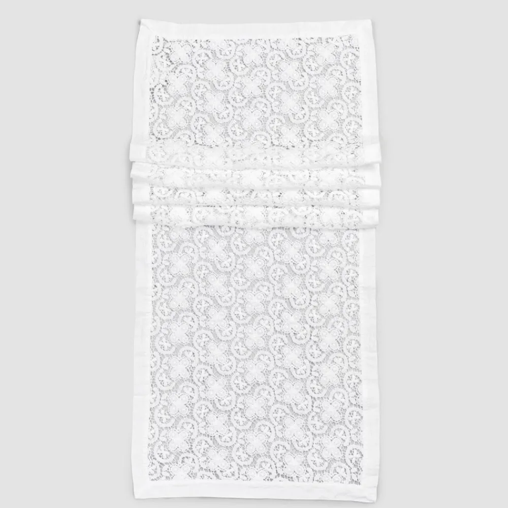 Viadurini Textile Runner-Weißer Tischläufer in gehäkelter Spitzenstickerei und Baumwollmischungskante - Giangi