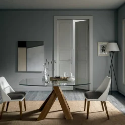 Viadurini Living Esstische-Wohnzimmer Esstisch Glasplatte und Holzbeine - Botanical