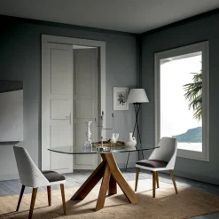 Viadurini Living Esstische-Wohnzimmer Esstisch Glasplatte und Holzbeine - Botanical