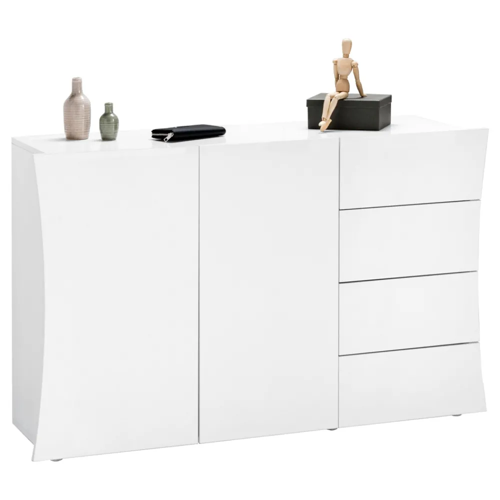 Viadurini Living Sideboards-Wohnzimmer Sideboard 2 Türen 4 Schubladen aus gewölbtem Holz glänzend weiß - Sabine