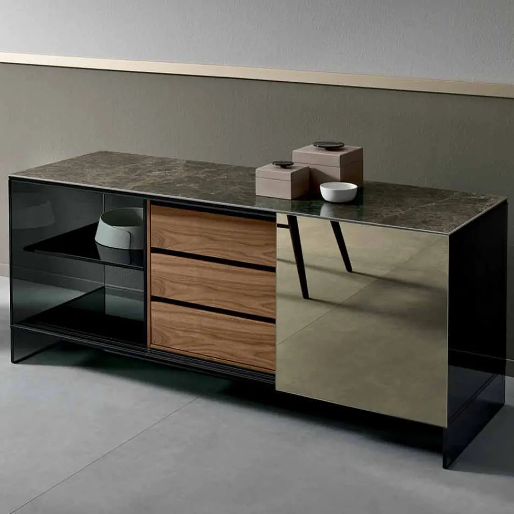 Viadurini Living Sideboards-Wohnzimmer Sideboard in Smokey Glass mit Bronze Spiegeltür Made in Italy - Scocca