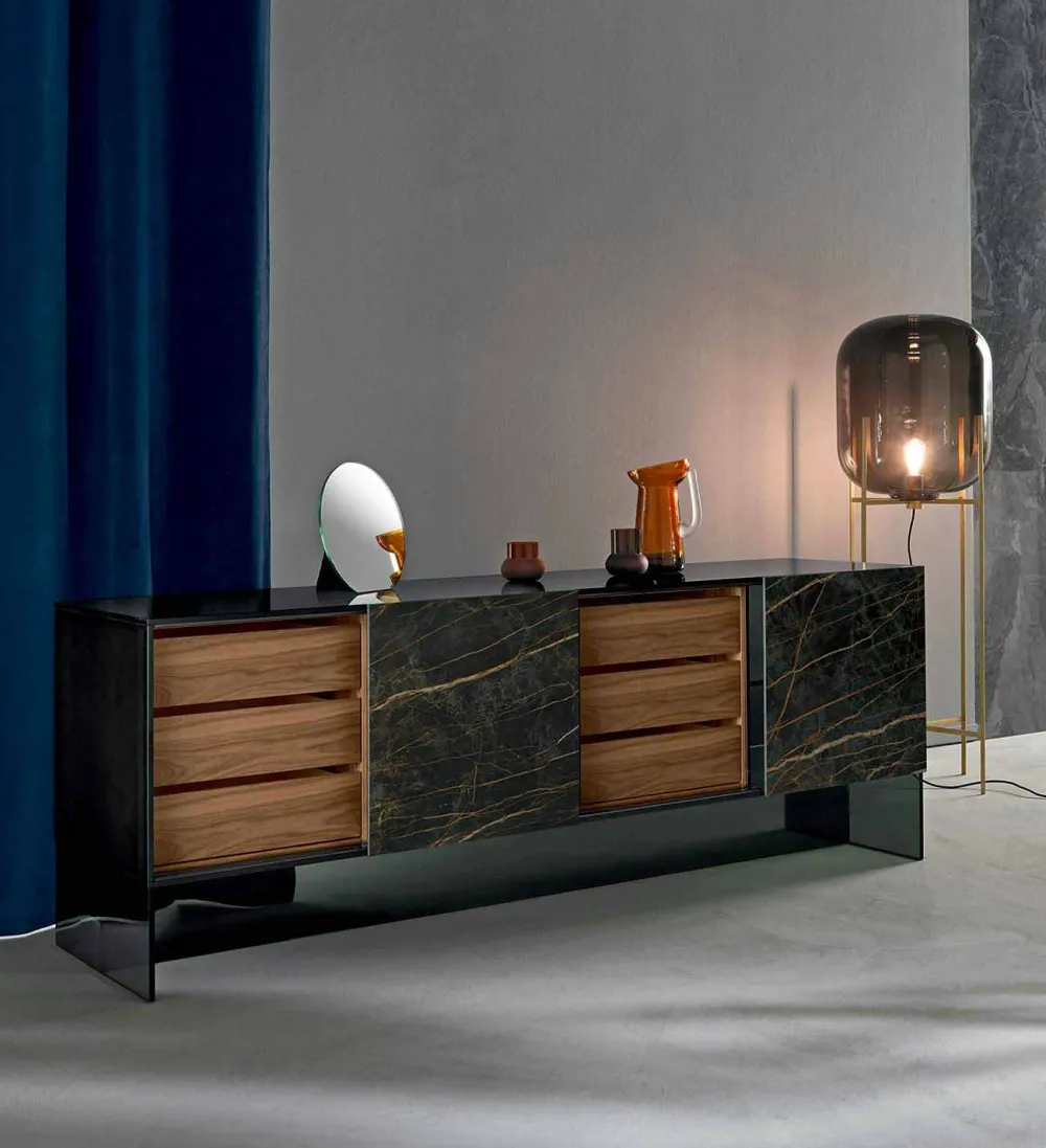 Viadurini Living Sideboards-Wohnzimmer Sideboard mit 2 Türen in Keramik- und Rauchglasstruktur Made in Italy - Scocca