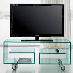 Viadurini Living Tv-Möbel-Wohnzimmer TV-Ständer aus transparentem Glas mit Rollen, Luxus - Birintolo