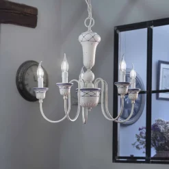 Ferroluce Vintage Kronleuchter-Wohnzimmer-Kronleuchter mit 5 Lichtern aus handbemalter Keramik und Messing - Sanremo