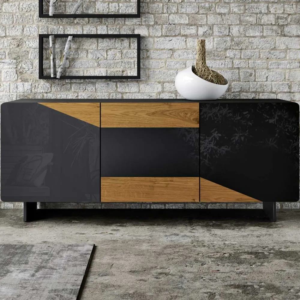 Viadurini Living Sideboards-Wohnzimmer-Sideboard mit 3 Türen in rustikaler geknoteter Eiche und anthrazitfarbenem Glas – Ove