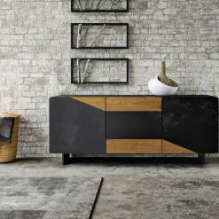 Viadurini Living Sideboards-Wohnzimmer-Sideboard mit 3 Türen in rustikaler geknoteter Eiche und anthrazitfarbenem Glas – Ove