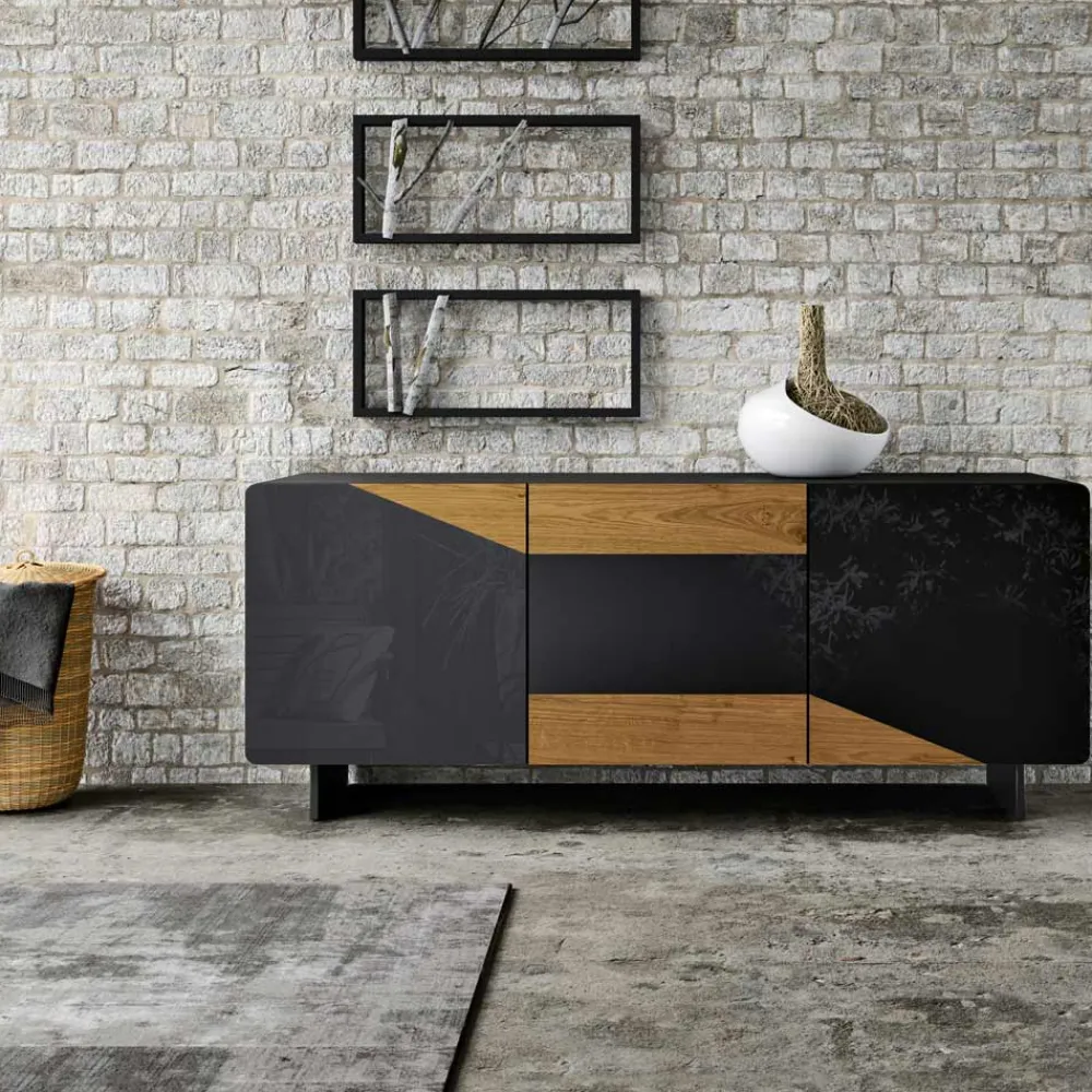 Viadurini Living Sideboards-Wohnzimmer-Sideboard mit 3 Türen in rustikaler geknoteter Eiche und anthrazitfarbenem Glas – Ove