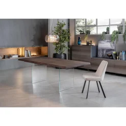 Viadurini Living Esstische-Wohnzimmertisch aus Eichenfurnier und Sockel aus gehärtetem Glas – Nicofisso